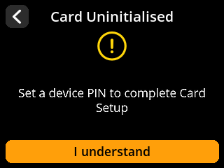 ShieldSigner: Warning screen. ShieldSigner reports Card Uninitialised and asks to set a PIN.