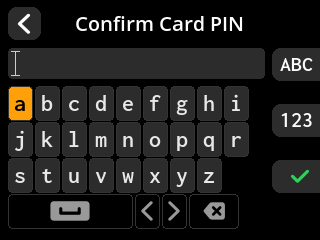 ShieldSigner: Seed passphrase entry screen. ShieldSigner asks to confirm the new SeedKeeper PIN.