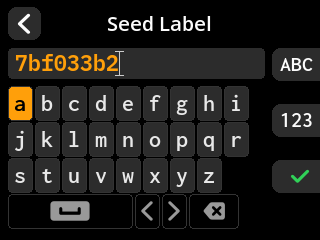 ShieldSigner: Seed passphrase entry screen. ShieldSigner offers the seed fingerprint as the label for the card backup.