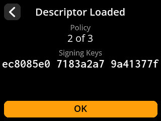 stock SeedSigner: Multisig wallet descriptor screen. Review the 2-of-3 policy and the three fingerprints from this firmware session.
