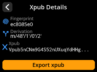 stock SeedSigner: Seed export extended public key details screen. Review the multisig account key at m/48'/1'/0'/2'.