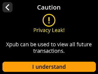 stock SeedSigner: Warning screen. Review the warning that sharing an account key exposes wallet activity.