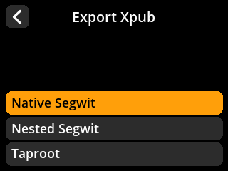 stock SeedSigner: Button list screen. Choose Native Segwit for the multisig account.