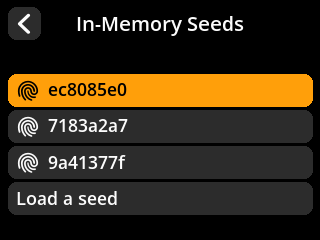 stock SeedSigner: Button list screen. The loaded-seed list contains all three created seeds; choose seed 1.