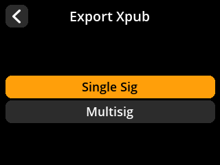 stock SeedSigner: Button list screen. Choose the signature type for the account key export.
