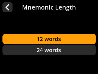 stock SeedSigner: Button list screen. Choose the number of seed words; 12 words is selected.