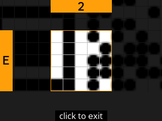 stock SeedSigner: Zoomed-in SeedQR transcription screen. Stock magnifies square E-2 of the 25-square Standard SeedQR transcription grid.