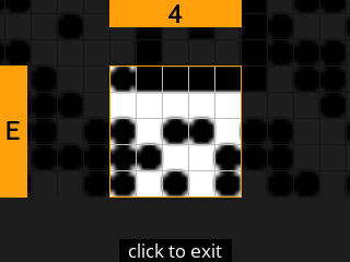stock SeedSigner: Zoomed-in SeedQR transcription screen. Stock magnifies square E-4 of the 25-square Standard SeedQR transcription grid.
