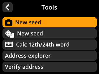 stock SeedSigner: Button list screen. Tools offers New seed from an image.