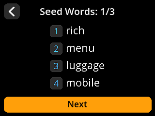 stock SeedSigner: Seed words screen. Read seed words 1 to 4.