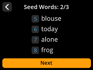 stock SeedSigner: Seed words screen. Read seed words 5 to 8.