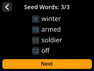 stock SeedSigner: Seed words screen. Read seed words 9 to 12.