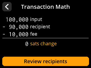 stock SeedSigner: PSBT arithmetic screen. Review 100000 sats in, 90000 sats to the recipient, and a 10000 sat fee.