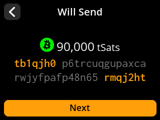 stock SeedSigner: PSBT address details screen. Review the fabricated recipient address and amount.