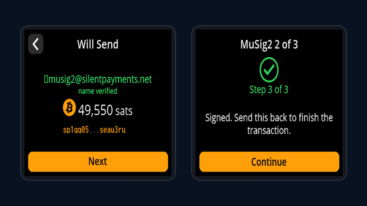Two SeedSigner screens: one reviewing a payment to a verified name, the other confirming the multisig signature
