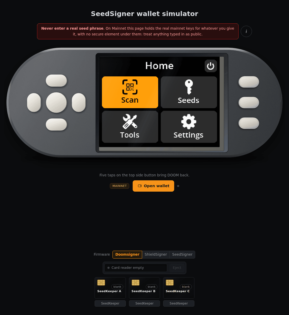 SeedSigner simulator on mainnet with MAINNET badge