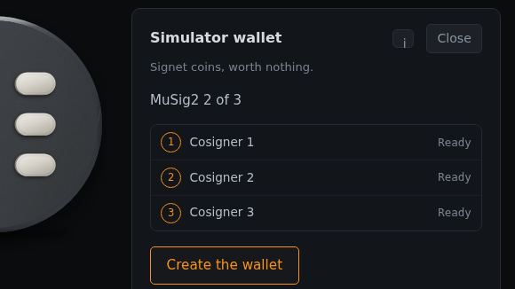 A simulated SeedSigner beside a wallet panel holding a 2-of-3 MuSig2 wallet, with three smartcards below
