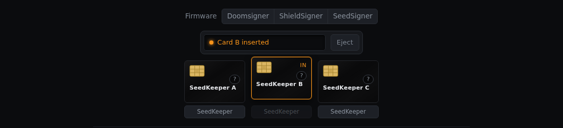 Three smartcards in the simulator tray, with card B inserted in the reader