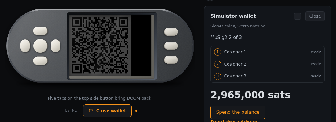 The wallet holding 2,965,000 test coins, with a Spend the balance button and a receiving address