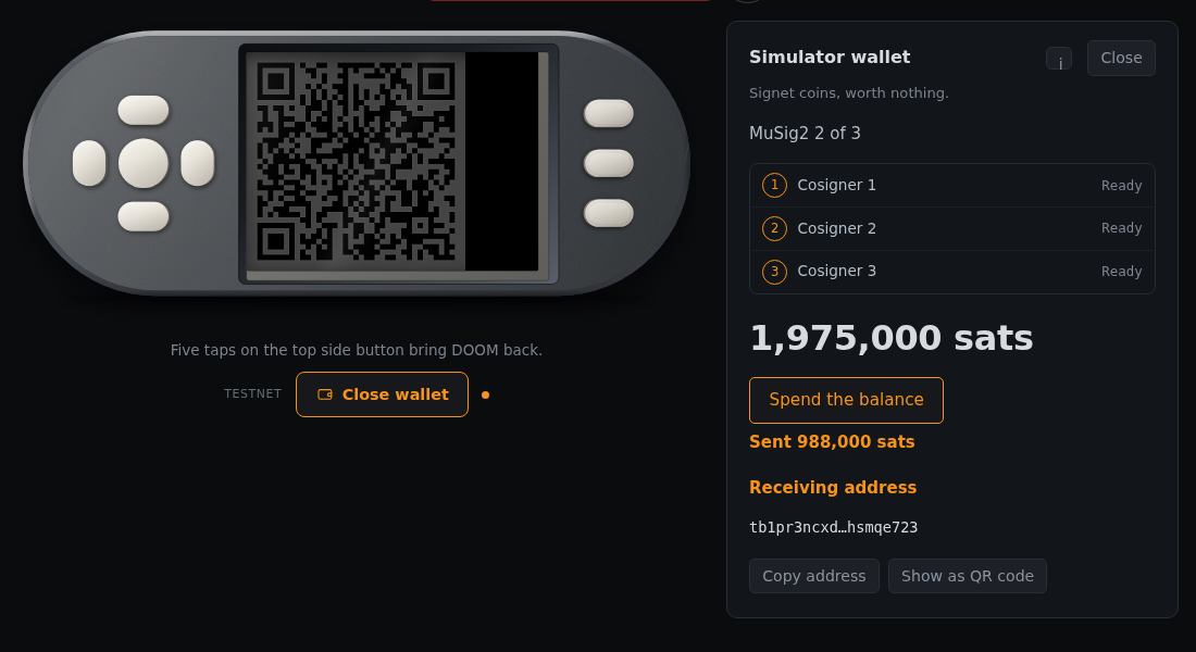 The wallet after a spend, showing the remaining balance and the amount sent