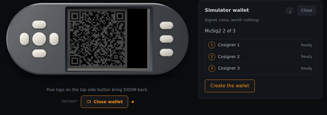 A simulated SeedSigner beside a wallet panel holding a 2-of-3 MuSig2 wallet, with three smartcards below