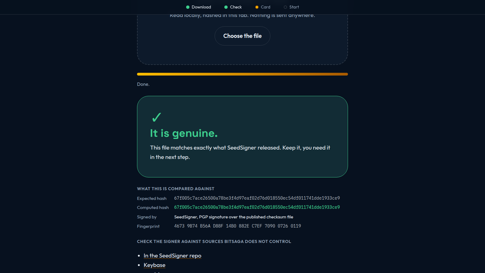The verify.bitsaga.be page showing a matching hash and a green result after checking a SeedSigner firmware file