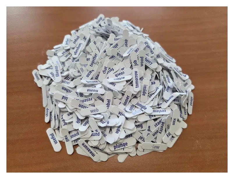 All 2048 BIP39 word chips in a pile