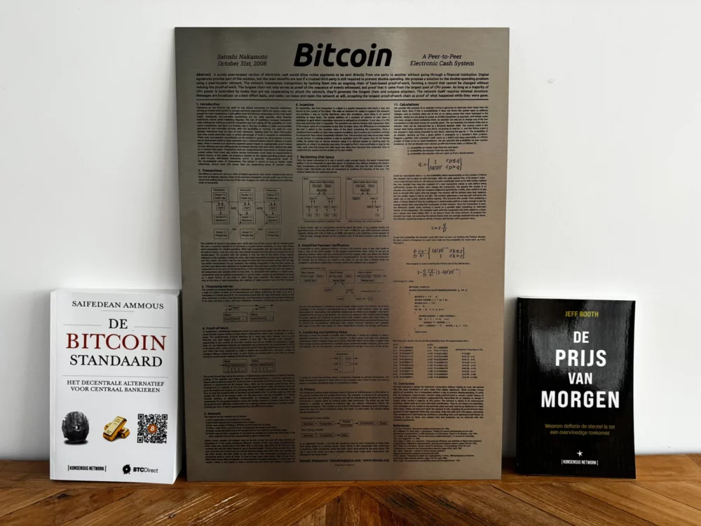 steel bitcoin white paper full view with books for scale